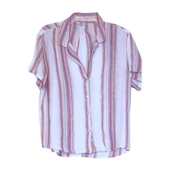 Rails Linen Blend Shirt M Crop Gold Trimmed Striped Gauzy Coastal Fairy Pastel - Picture 6 of 13